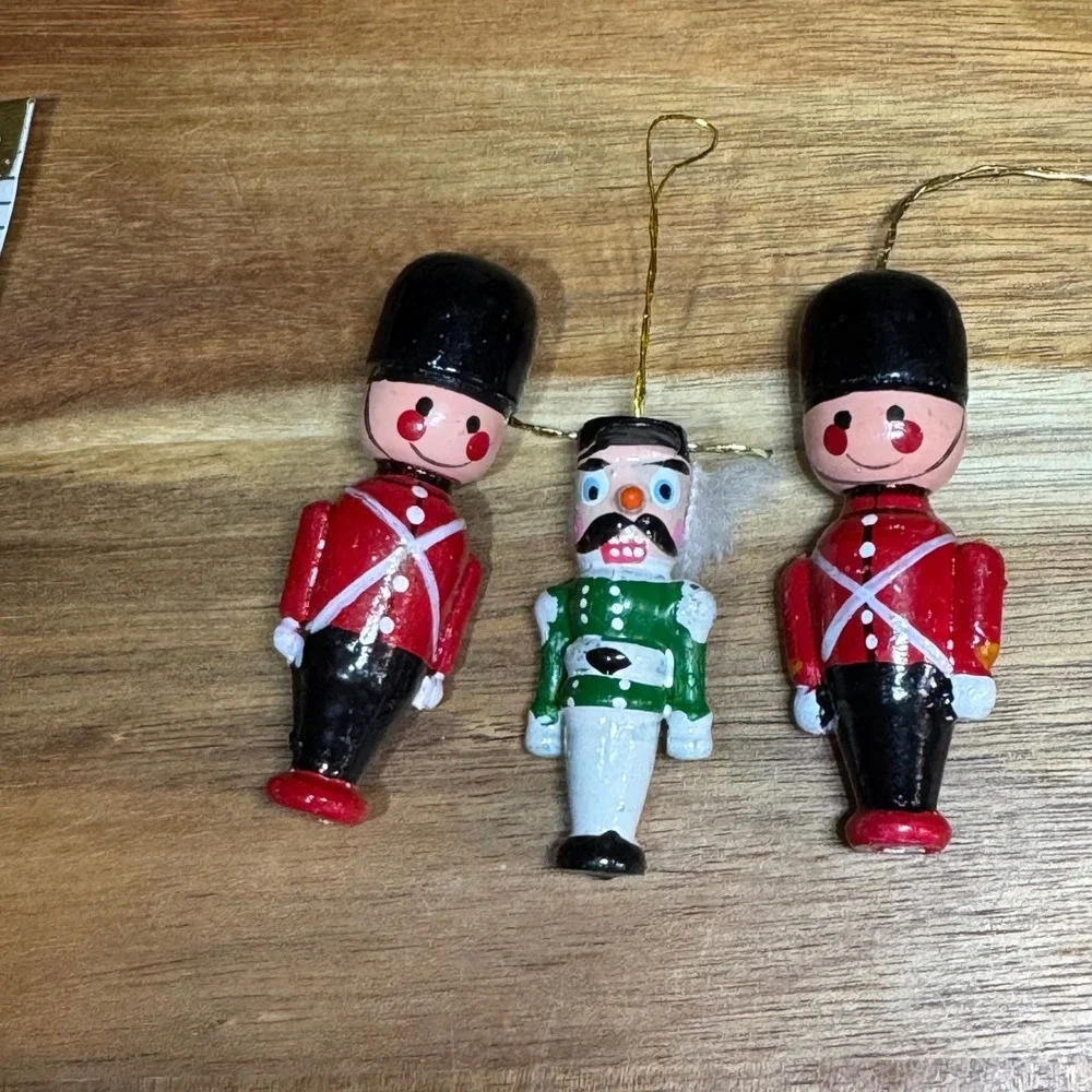 Vtg Wooden Nutcracker British Guard Christmas Ornaments Set of 3 Hand Painted